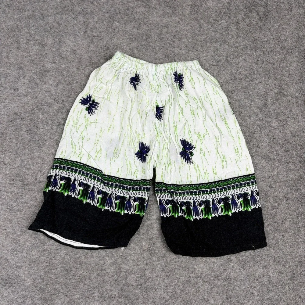 Vintage Boho Patterned Shorts Women Small‎ White Green Black Elastic Waist